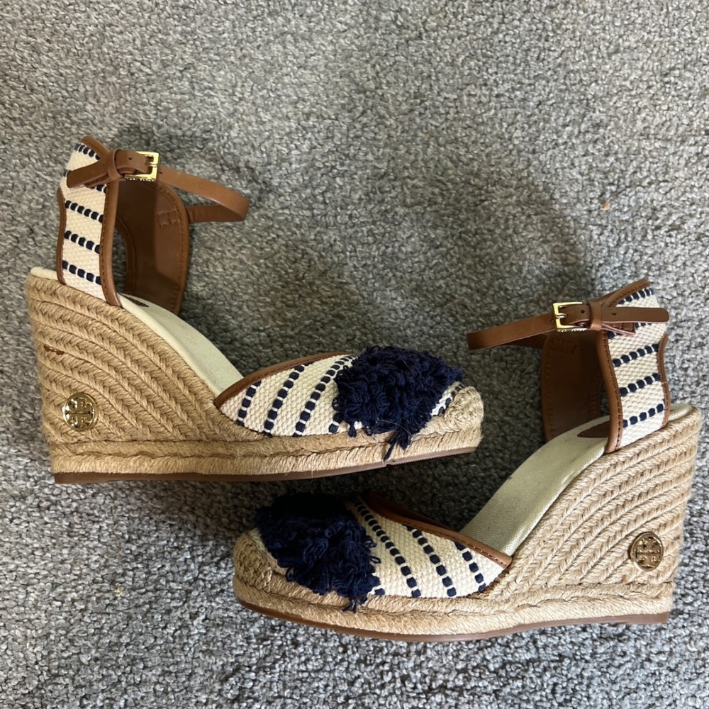 Tory Burch Espadrille Wedge Sandals Womens 10 Navy Cream Striped Tassel Strap